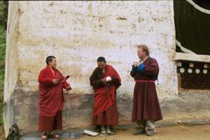 Blowing conch shells at nunery in Tagong